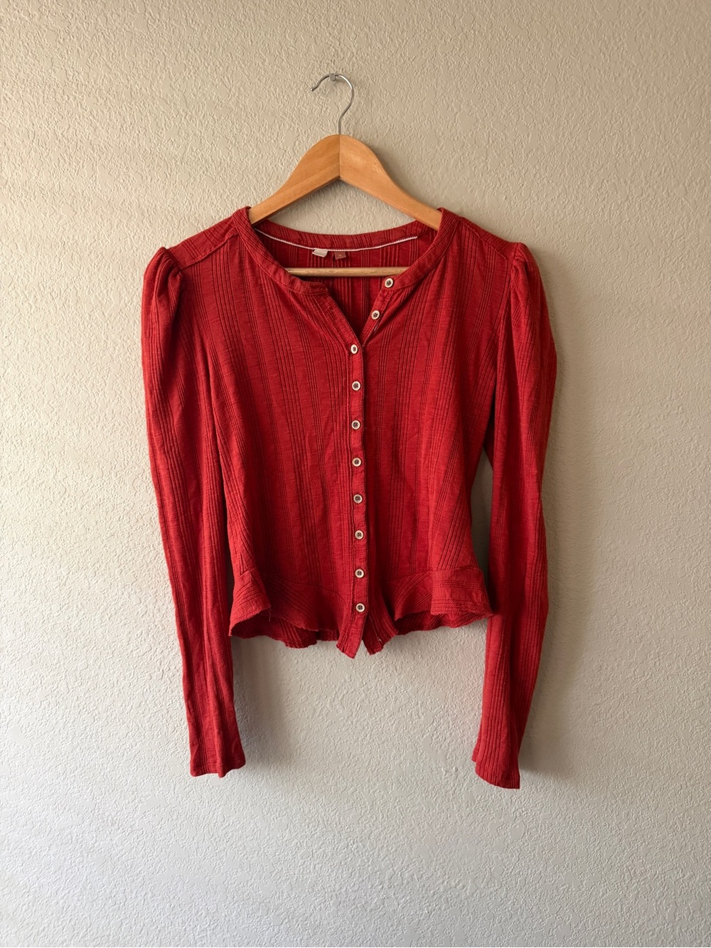 Anthropologie Pilcro Red Ribbed Button-Front Long Sleeve Top Ruffle Hem XS